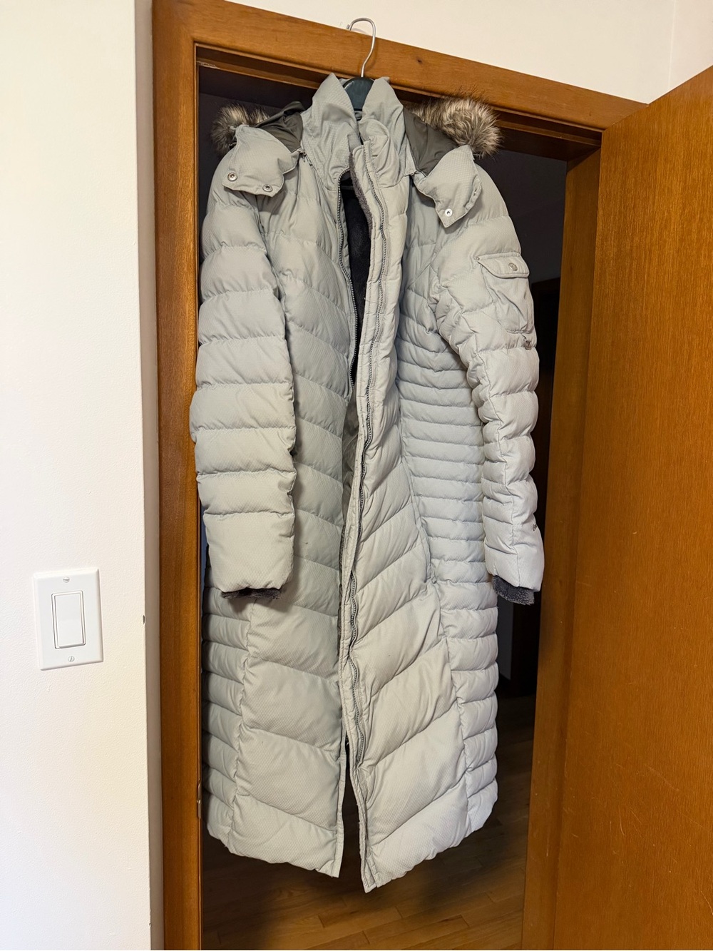 Eddie Bauer Light Gray Long Quilted Hooded Puffer Coat